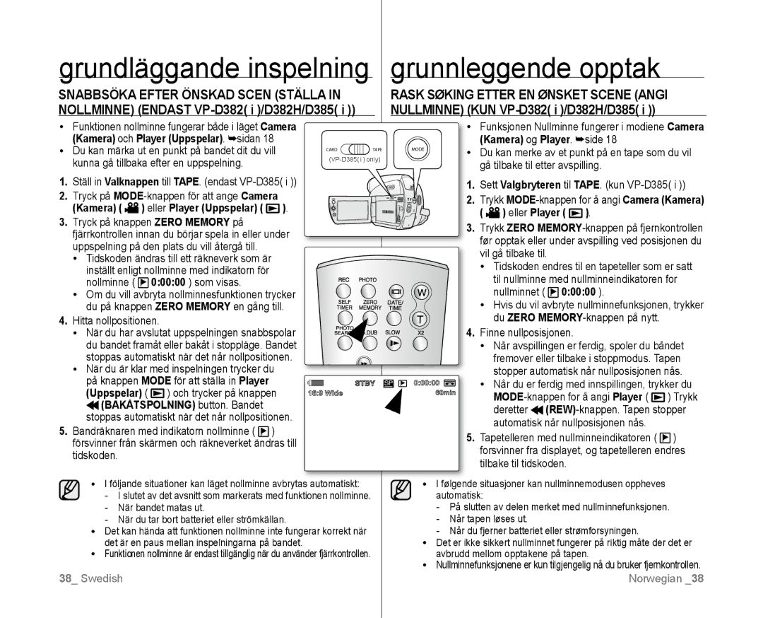 Samsung VP-D381/XEE manual Hitta nollpositionen, Finne nullposisjonen 