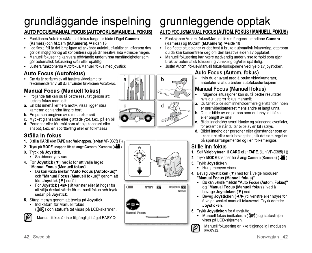 Samsung VP-D381/XEE manual Auto Focus Autofokus, Manual Focus Manuell fokus, Auto Focus Autom. fokus, Ställa in fokus 