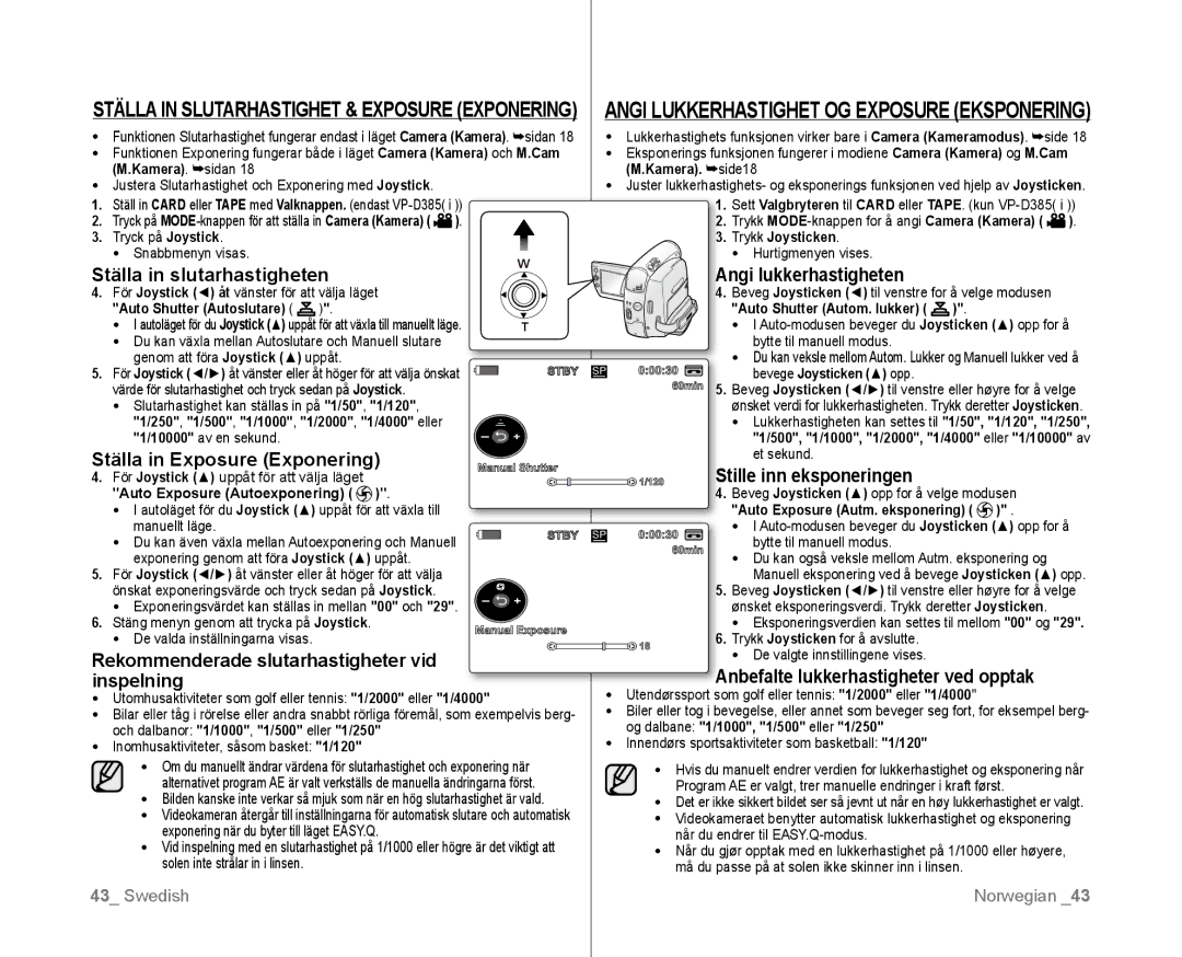 Samsung VP-D381/XEE manual Ställa in slutarhastigheten Angi lukkerhastigheten, Ställa in Exposure Exponering, Inspelning 