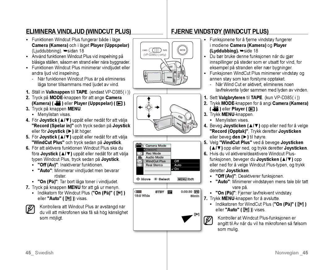 Samsung VP-D381/XEE manual Fjerne Vindstøy Windcut Plus, Eliminera Vindljud Windcut Plus 