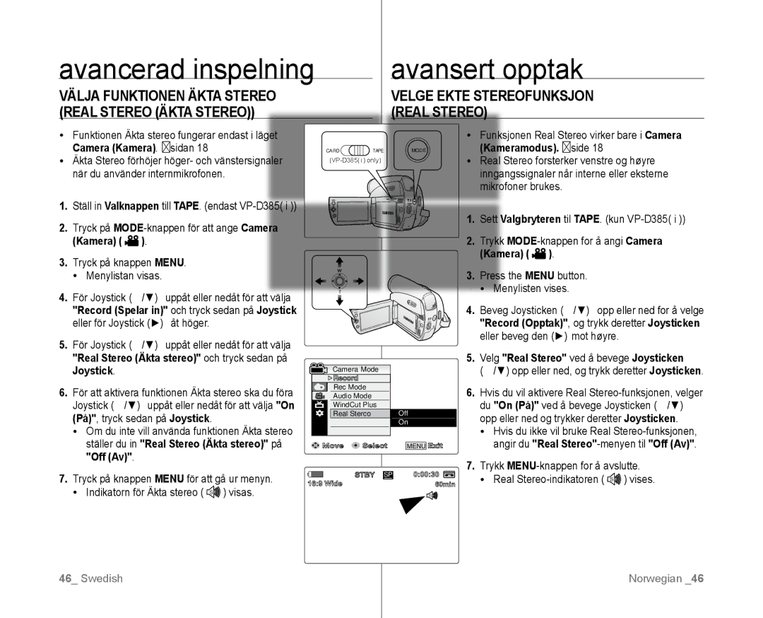 Samsung VP-D381/XEE manual Kamera Tryck på knappen Menu Menylistan visas, Eller för Joystick åt höger, Off Av 