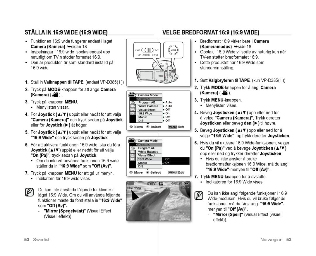 Samsung VP-D381/XEE manual Ställa in 169 Wide 169 Wide Velge Bredformat 169 169 Wide 