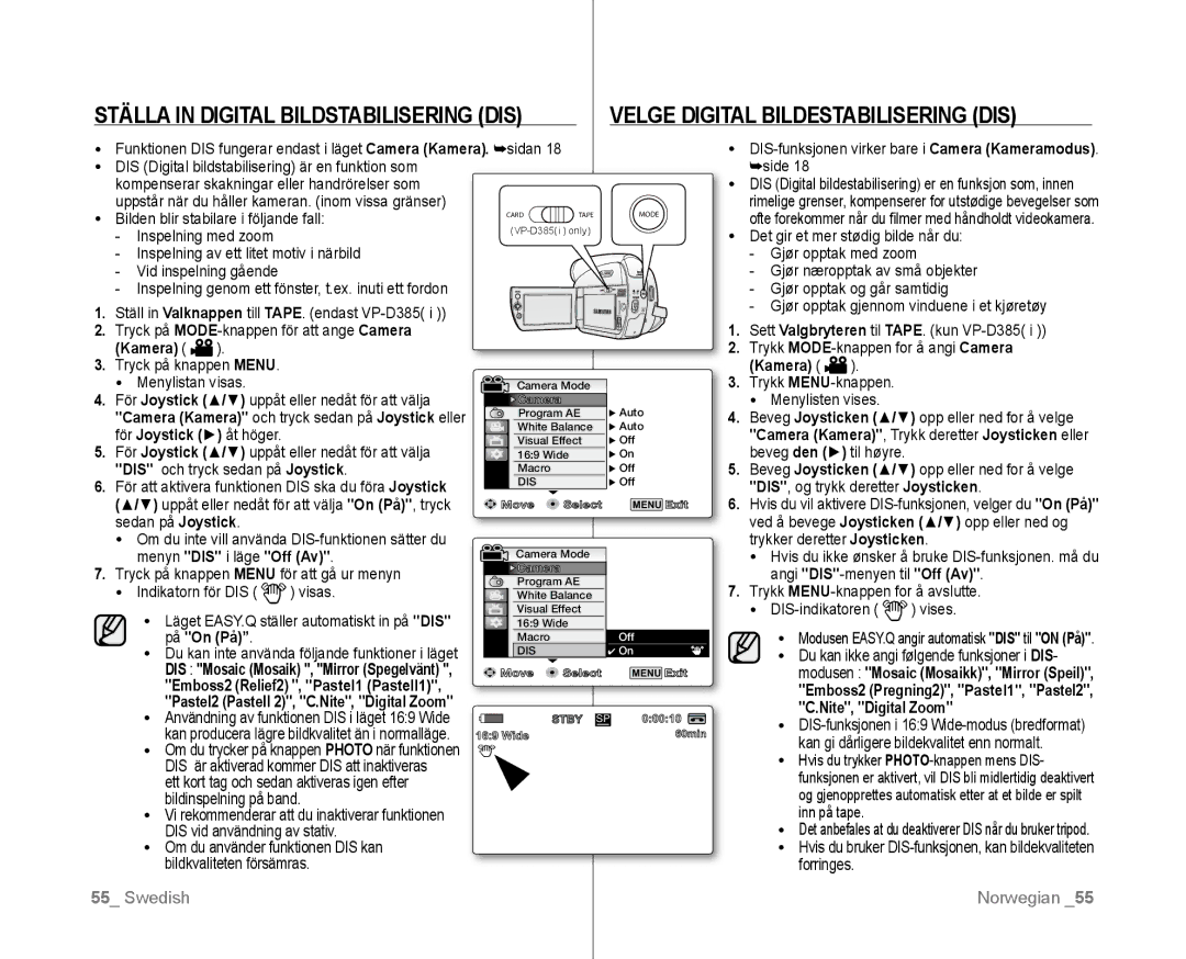 Samsung VP-D381/XEE manual Menyn DIS i läge Off Av, På On På 