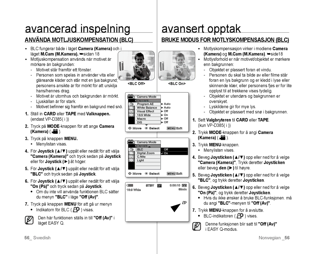 Samsung VP-D381/XEE Använda Motljuskompensation BLC, Bruke Modus for Motlyskompensasjon BLC, Läget M.Cam M.Kamera. sidan 