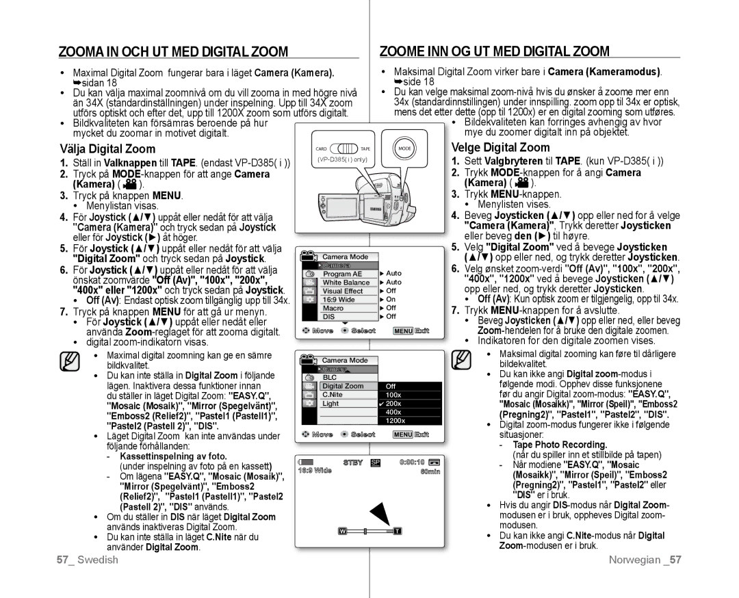 Samsung VP-D381/XEE manual Välja Digital Zoom, Velge Digital Zoom, Önskat zoomvärde Off Av, 100x 