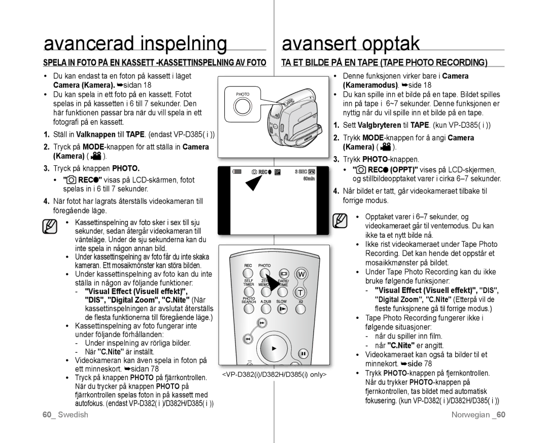 Samsung VP-D381/XEE manual TA ET Bilde PÅ EN Tape Tape Photo Recording, Camera Kamera. sidan 