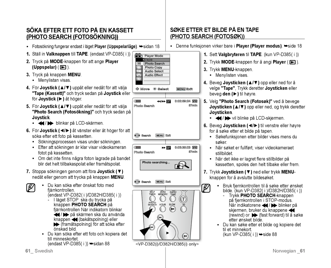 Samsung VP-D381/XEE manual Søke Etter ET Bilde PÅ EN Tape  Photo Search Fotosøk, Photo Search på 