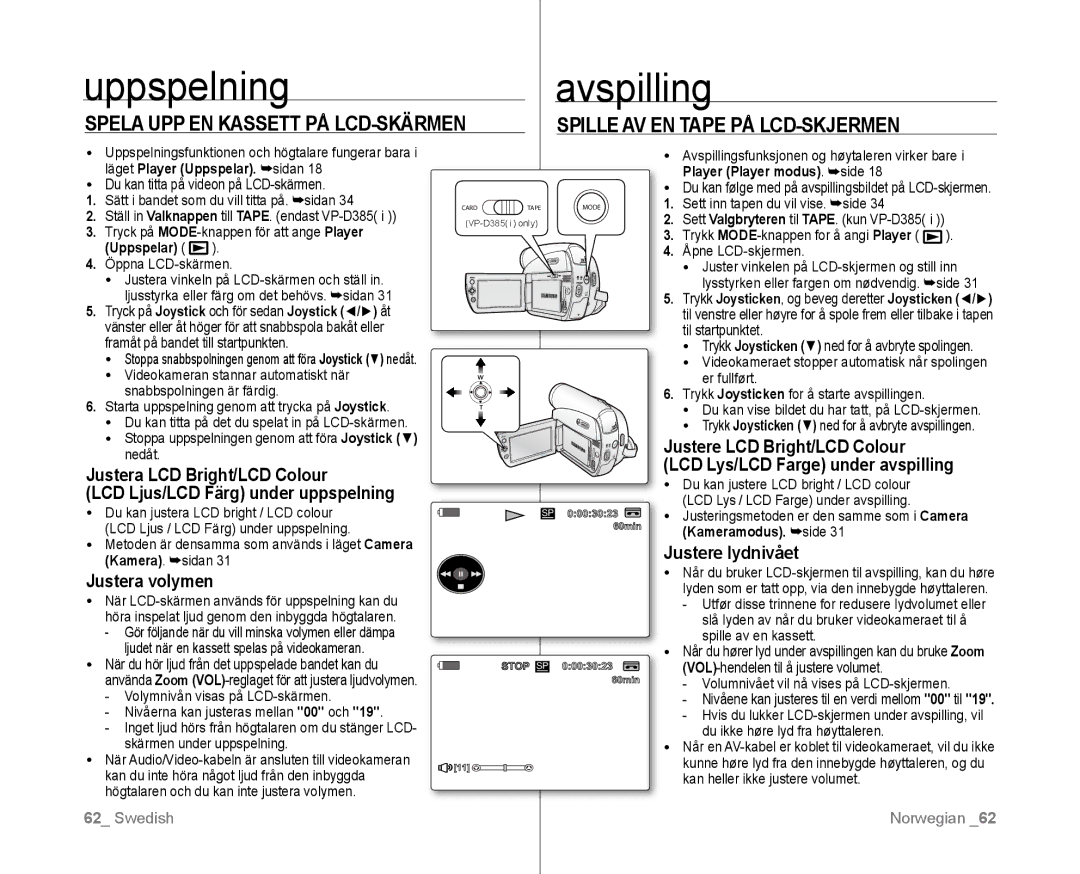 Samsung VP-D381/XEE manual Uppspelning, Avspilling, Spela UPP EN Kassett PÅ LCD-SKÄRMEN, Spille AV EN Tape PÅ LCD-SKJERMEN 