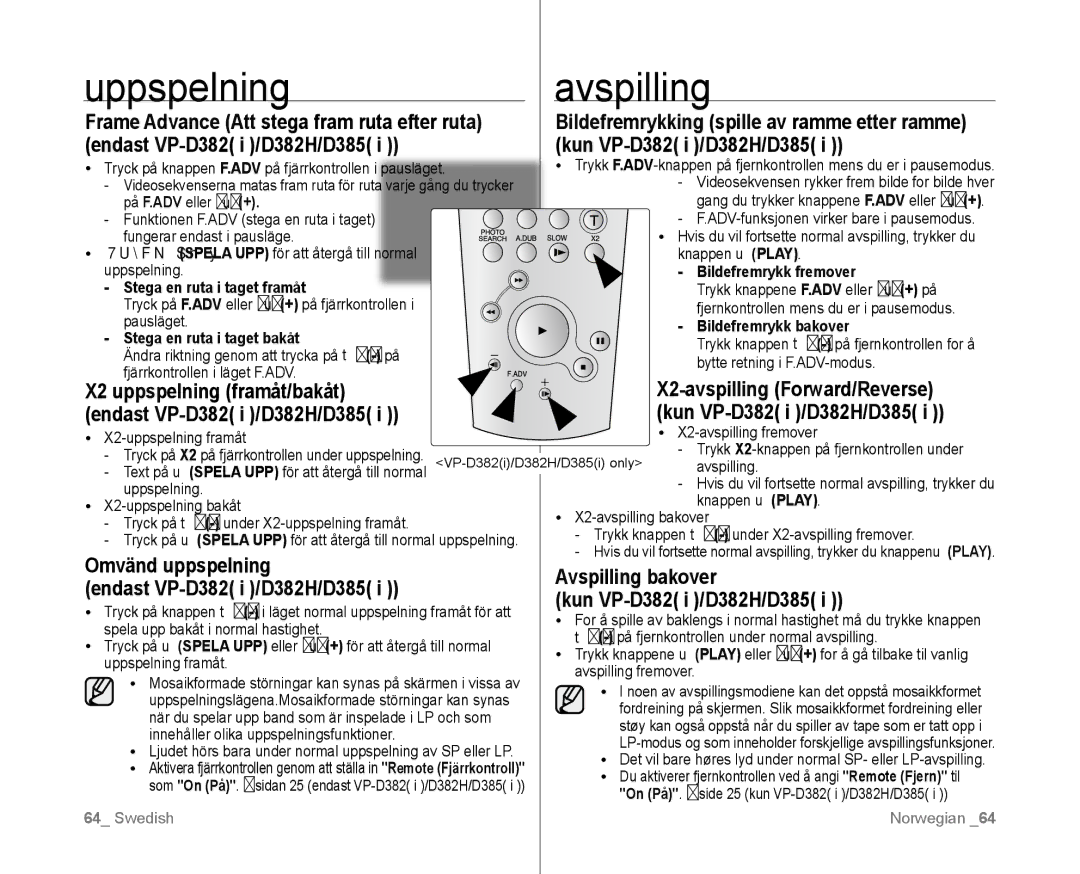 Samsung VP-D381/XEE manual Uppspelningavspilling, Omvänd uppspelning  Endast VP-D382 i /D382H/D385 