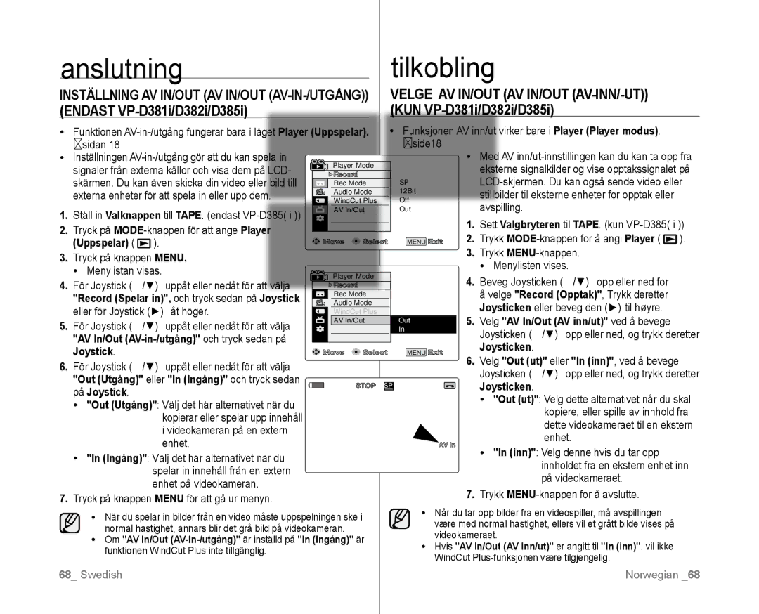 Samsung VP-D381/XEE manual Anslutning, Tilkobling, Joysticken På Joystick 