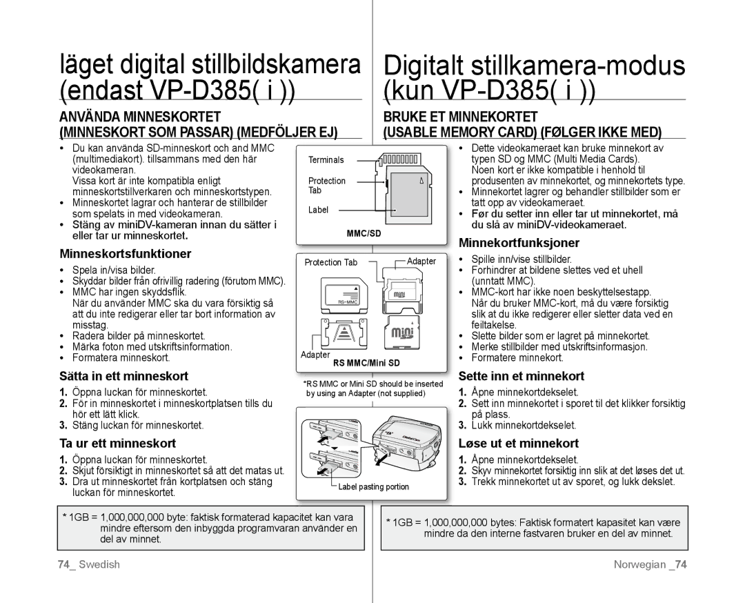 Samsung VP-D381/XEE manual Kun VP-D385, Läget digital stillbildskamera Digitalt stillkamera-modus 