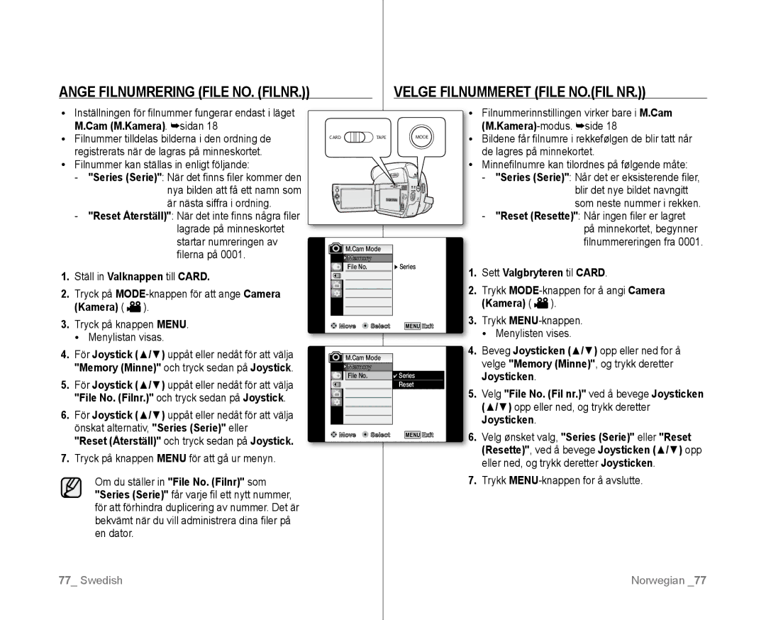 Samsung VP-D381/XEE manual Ange Filnumrering File NO. Filnr, Velge Filnummeret File NO.Fil nr, Cam M.Kamera. sidan 