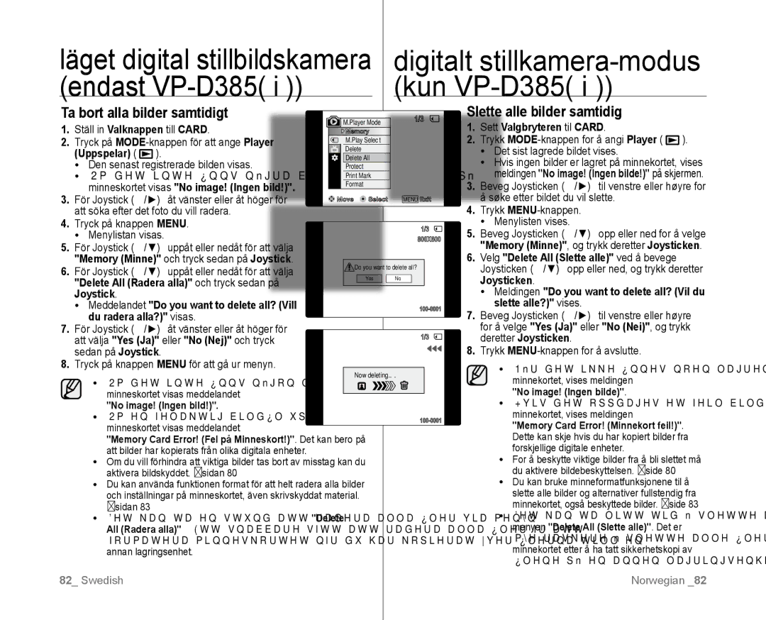 Samsung VP-D381/XEE manual Ta bort alla bilder samtidigt, Slette alle bilder samtidig 