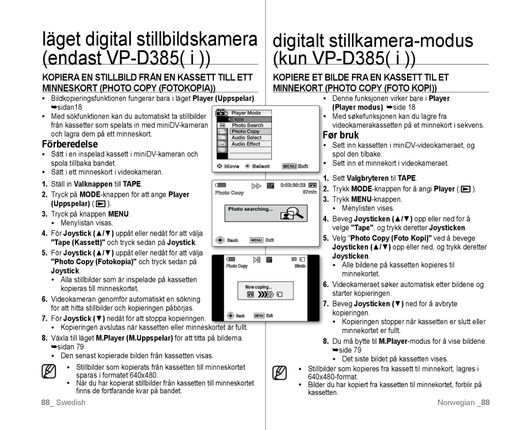 Samsung VP-D381/XEE manual Minnekort Photo Copy Foto Kopi, Förberedelse, Player modus. side 