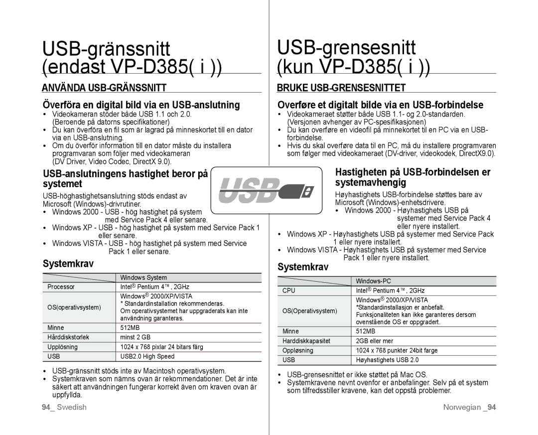 Samsung VP-D381/XEE manual USB-gränssnitt endast VP-D385, USB-grensesnitt kun VP-D385, Använda USB-GRÄNSSNITT 