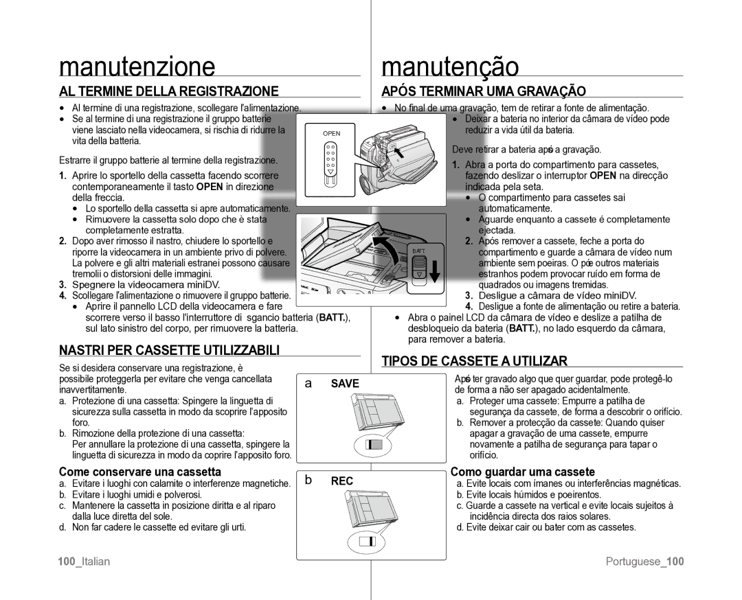 Samsung VP-D381/XEF, VP-D382H/XEF manual Manutenzionemanutenção, AL Termine Della Registrazione, Após Terminar UMA Gravação 