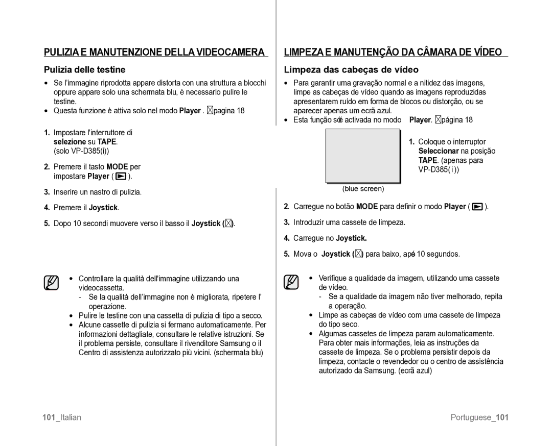 Samsung VP-D382H/XEF, VP-D381/XEF manual Pulizia E Manutenzione Della Videocamera, Limpeza E Manutenção DA Câmara DE Vídeo 