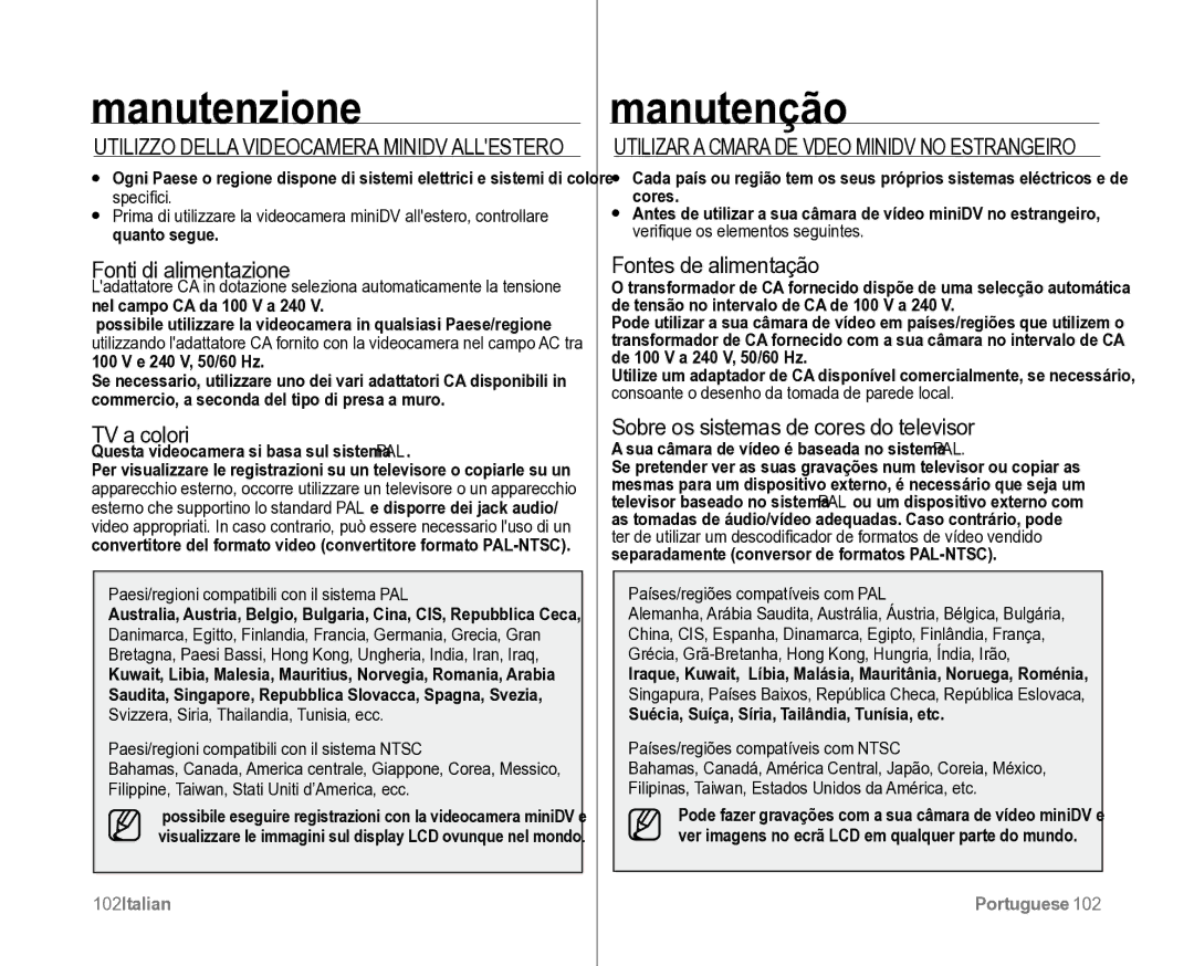 Samsung VP-D381/XEF, VP-D382H/XEF manual Manutenzione, Manutenção 