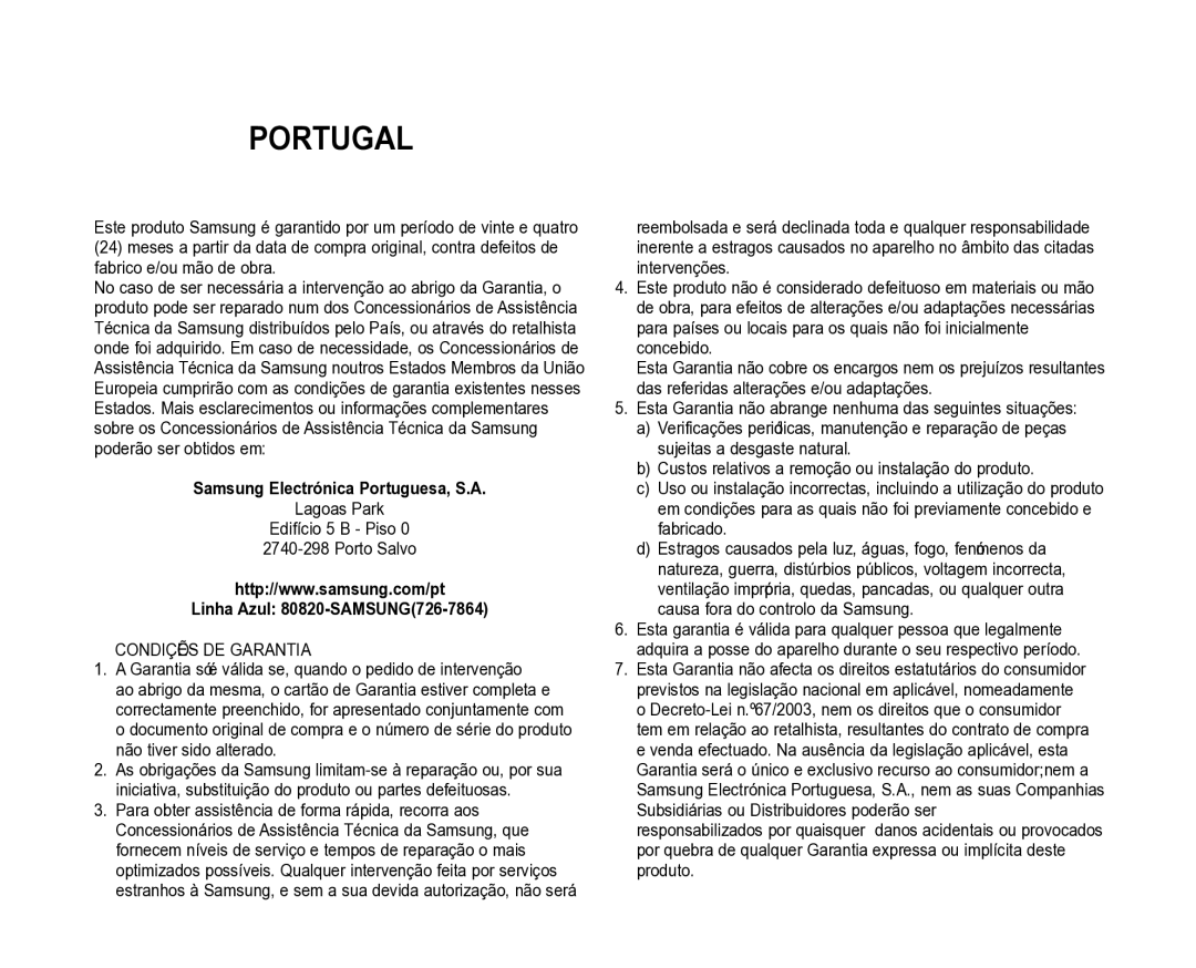 Samsung VP-D382H/XEF, VP-D381/XEF manual Samsung Electrónica Portuguesa, S.A, Lagoas Park Edifício 5 B Piso Porto Salvo 