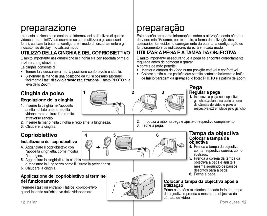 Samsung VP-D381/XEF, VP-D382H/XEF manual Preparazionepreparação, Utilizzo Della Cinghia E DEL Copriobiettivo 