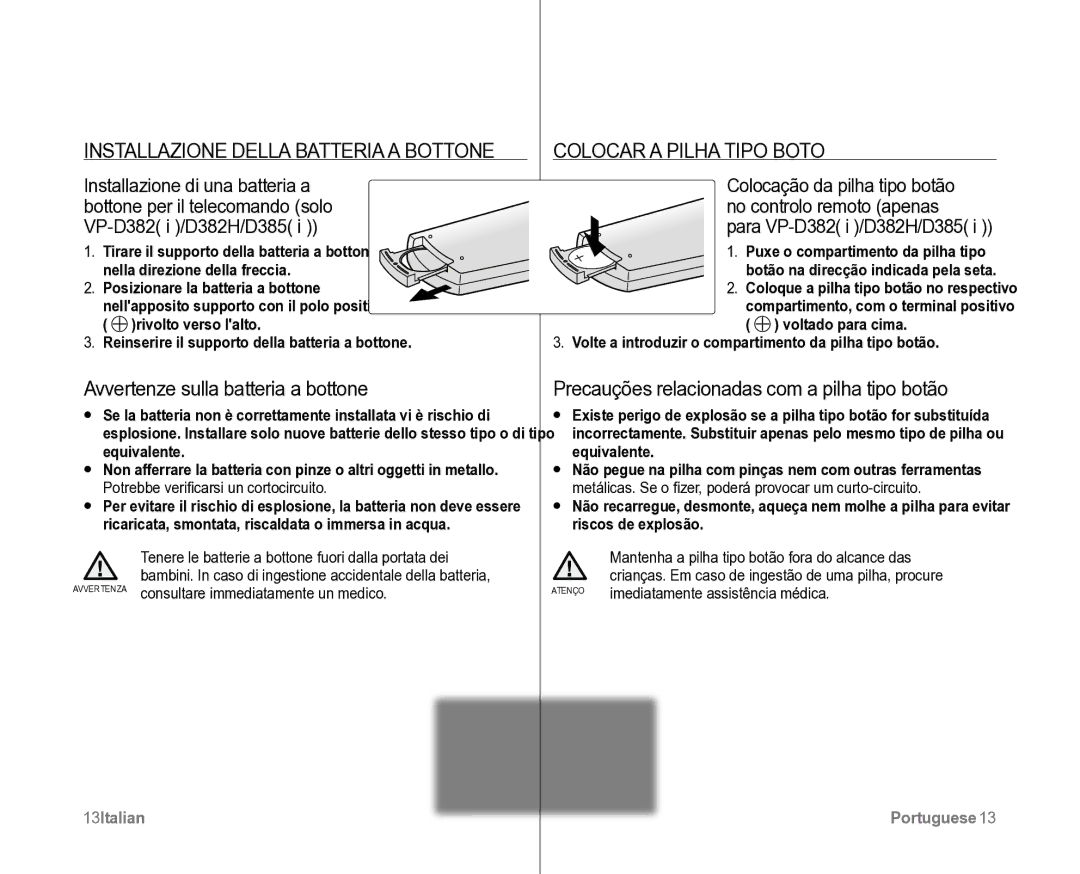 Samsung VP-D382H/XEF, VP-D381/XEF manual Installazione Della Batteria a Bottone, Colocar a Pilha Tipo Botão 