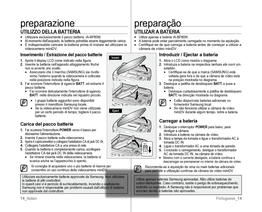 Samsung VP-D381/XEF, VP-D382H/XEF manual Preparazione, Preparação, Utilizzo della batteria, Utilizar a Bateria 