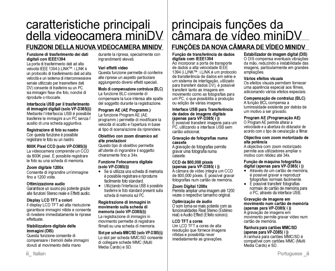 Samsung VP-D381/XEF, VP-D382H/XEF manual Funzioni Della Nuova Videocamera Minidv, Funções DA Nova Câmara DE Vídeo Minidv 