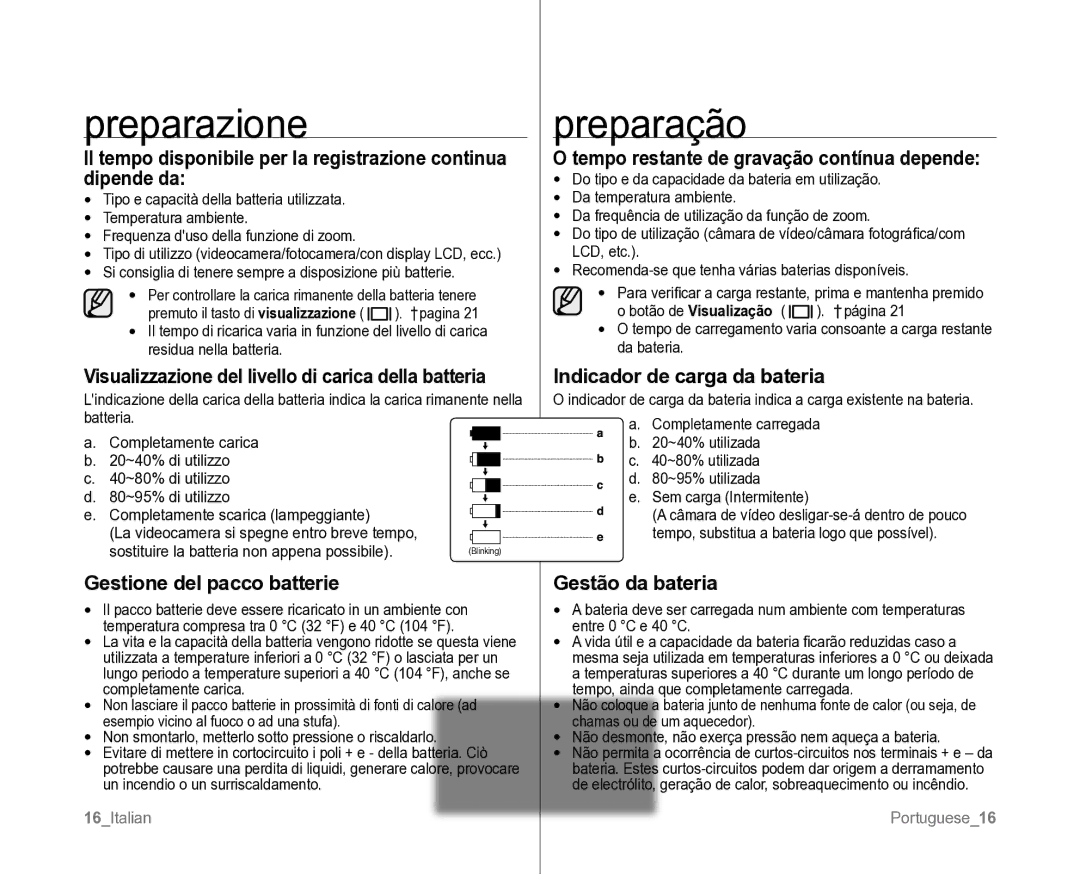 Samsung VP-D381/XEF Visualizzazione del livello di carica della batteria, Gestione del pacco batterie, Gestão da bateria 