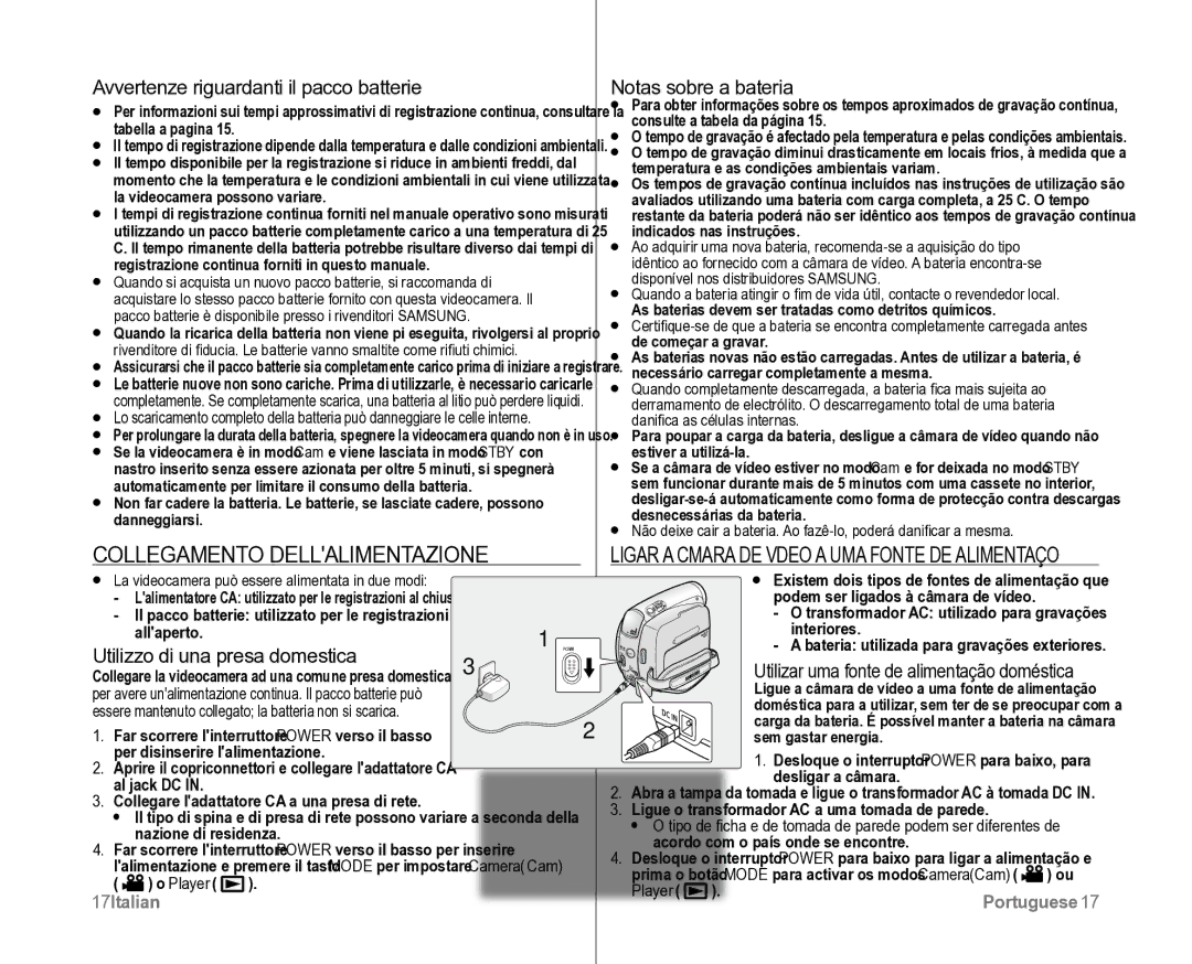 Samsung VP-D382H/XEF manual Collegamento Dellalimentazione, Avvertenze riguardanti il pacco batterie, Notas sobre a bateria 