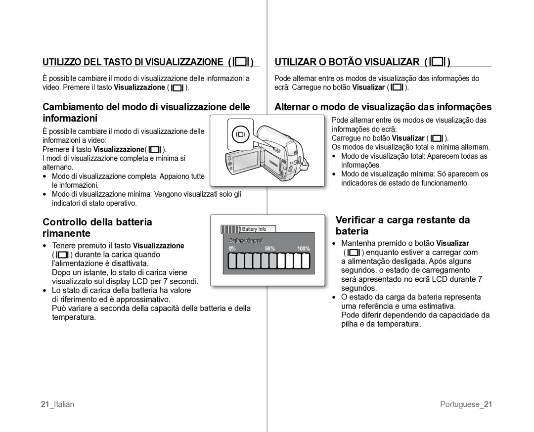 Samsung VP-D382H/XEF, VP-D381/XEF manual Utilizzo DEL Tasto DI Visualizzazione, Utilizar O Botão Visualizar 