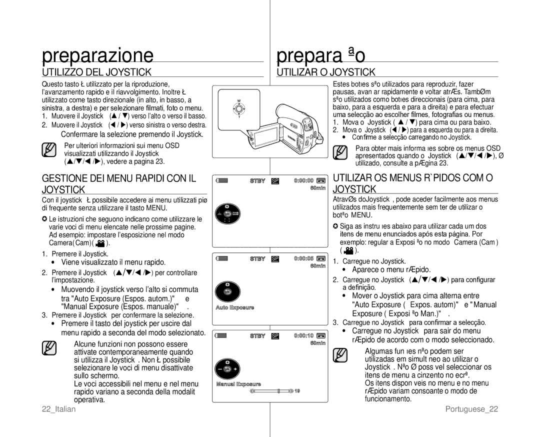 Samsung VP-D381/XEF, VP-D382H/XEF Utilizzo DEL Joystick, Utilizar O Joystick, Gestione DEI Menu Rapidi CON IL Joystick 