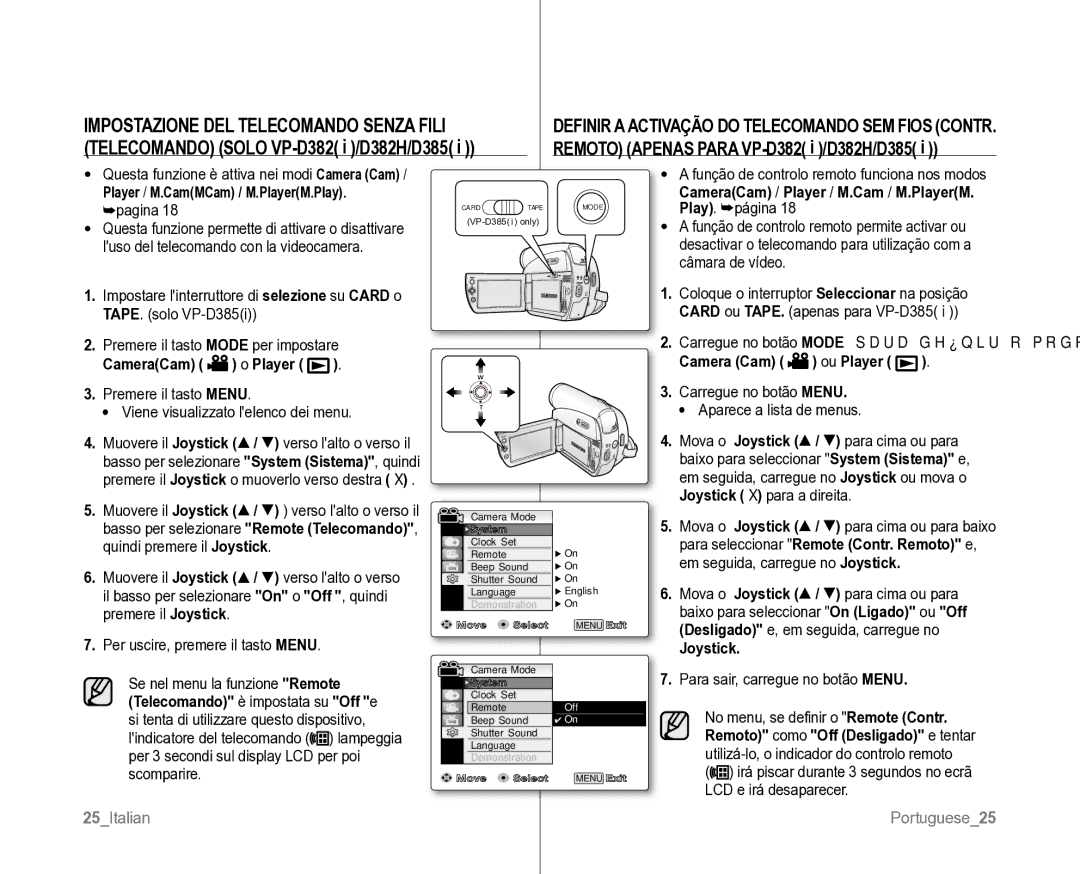 Samsung VP-D382H/XEF, VP-D381/XEF manual Camera Cam ou Player, Joystick 