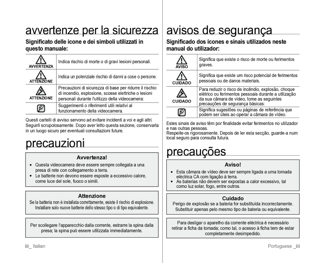 Samsung VP-D382H/XEF, VP-D381/XEF manual Precauzioni, Avisos de segurança, Precauções 