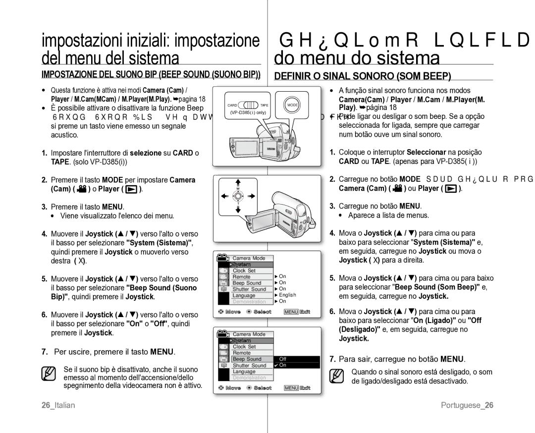 Samsung VP-D381/XEF, VP-D382H/XEF Definir O Sinal Sonoro SOM Beep, Premere il tasto Mode per impostare Camera Cam o Player 