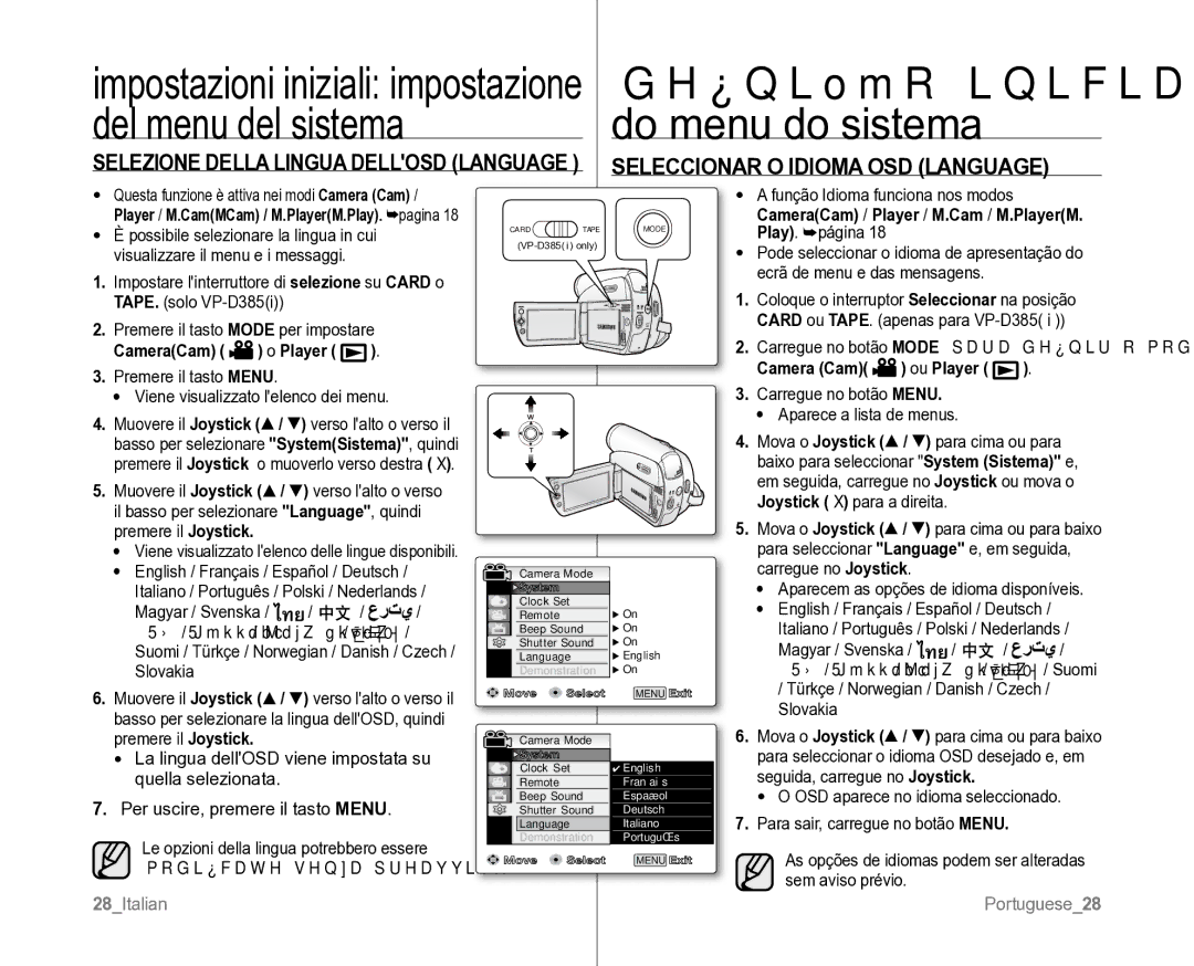 Samsung VP-D381/XEF manual Seleccionar O Idioma OSD Language, Selezione Della Lingua Dellosd Language, CameraCam Player 