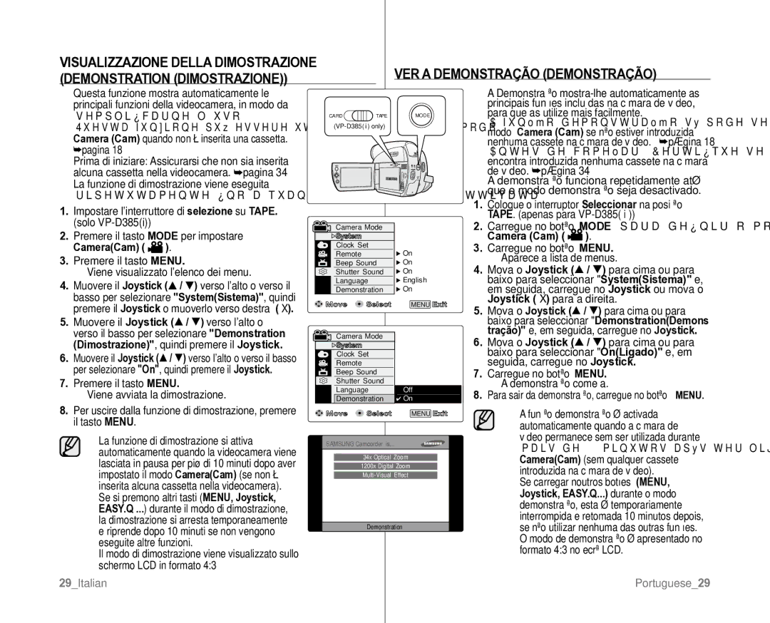 Samsung VP-D382H/XEF, VP-D381/XEF manual VER a Demonstração Demonstração, Demonstration Dimostrazione, Camera Cam CameraCam 