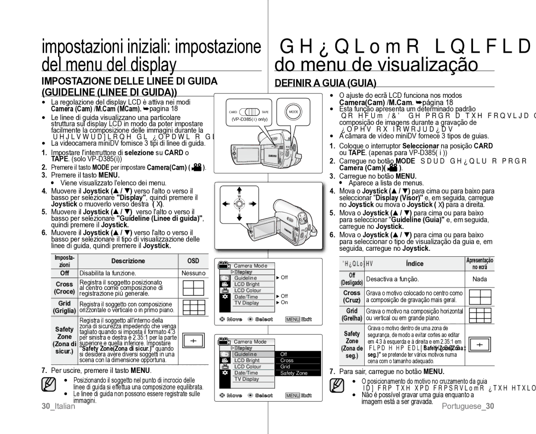 Samsung VP-D381/XEF Impostazione Delle Linee DI Guida Guideline Linee DI Guida, Definir a Guia Guia, Filmes ou fotografias 