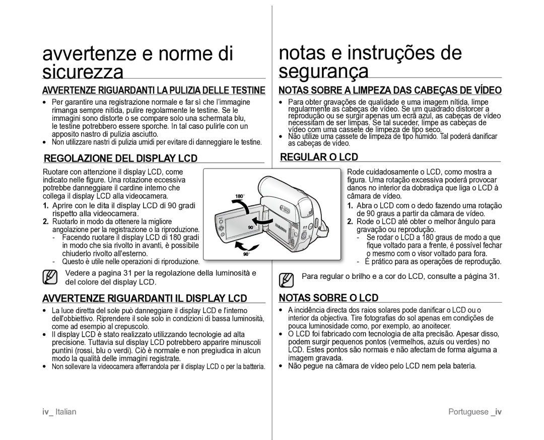 Samsung VP-D381/XEF, VP-D382H/XEF manual Avvertenze e norme di sicurezza, Notas e instruções de segurança 