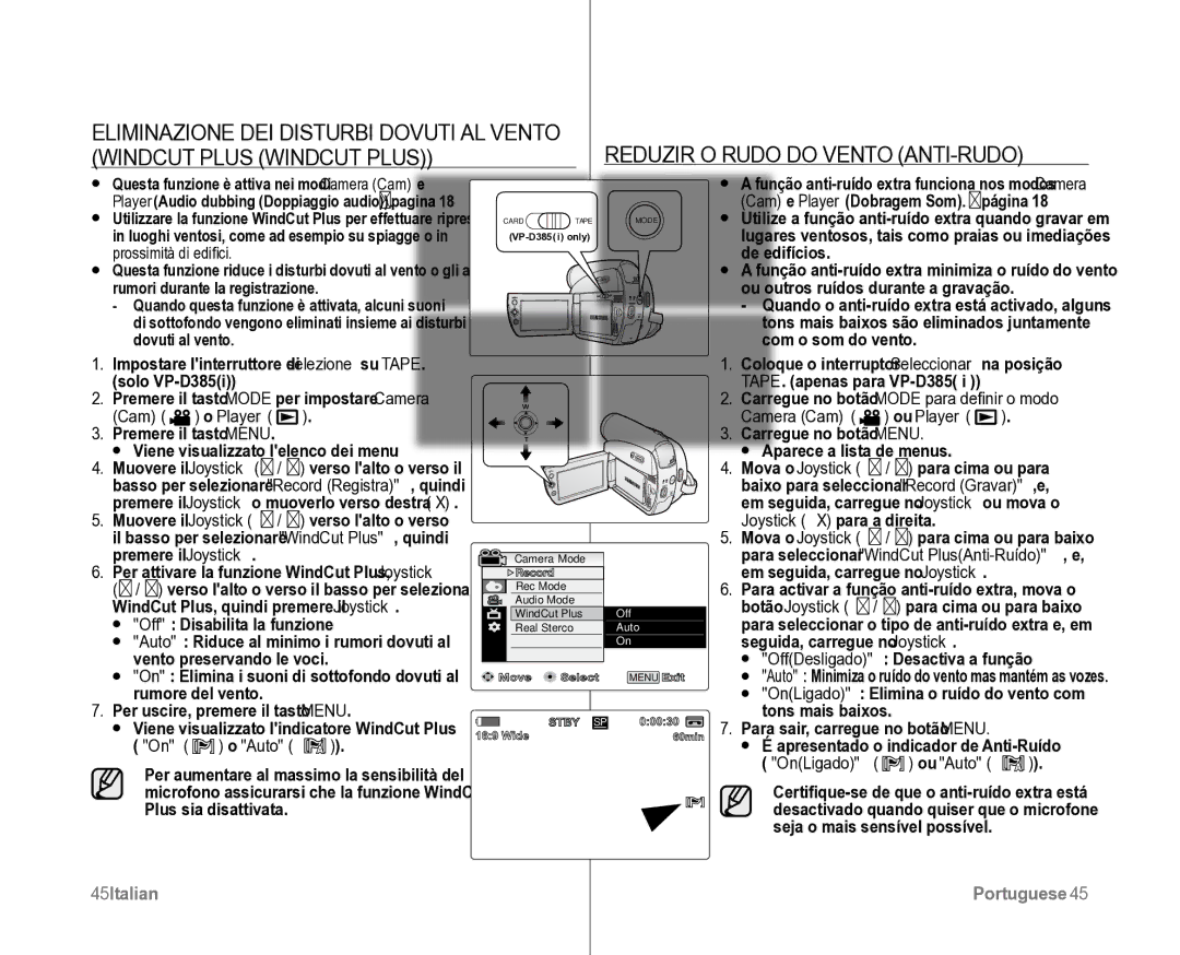 Samsung VP-D382H/XEF Eliminazione DEI Disturbi Dovuti AL Vento, Windcut Plus Windcut Plus, Cam Player Camera Cam Ou Player 