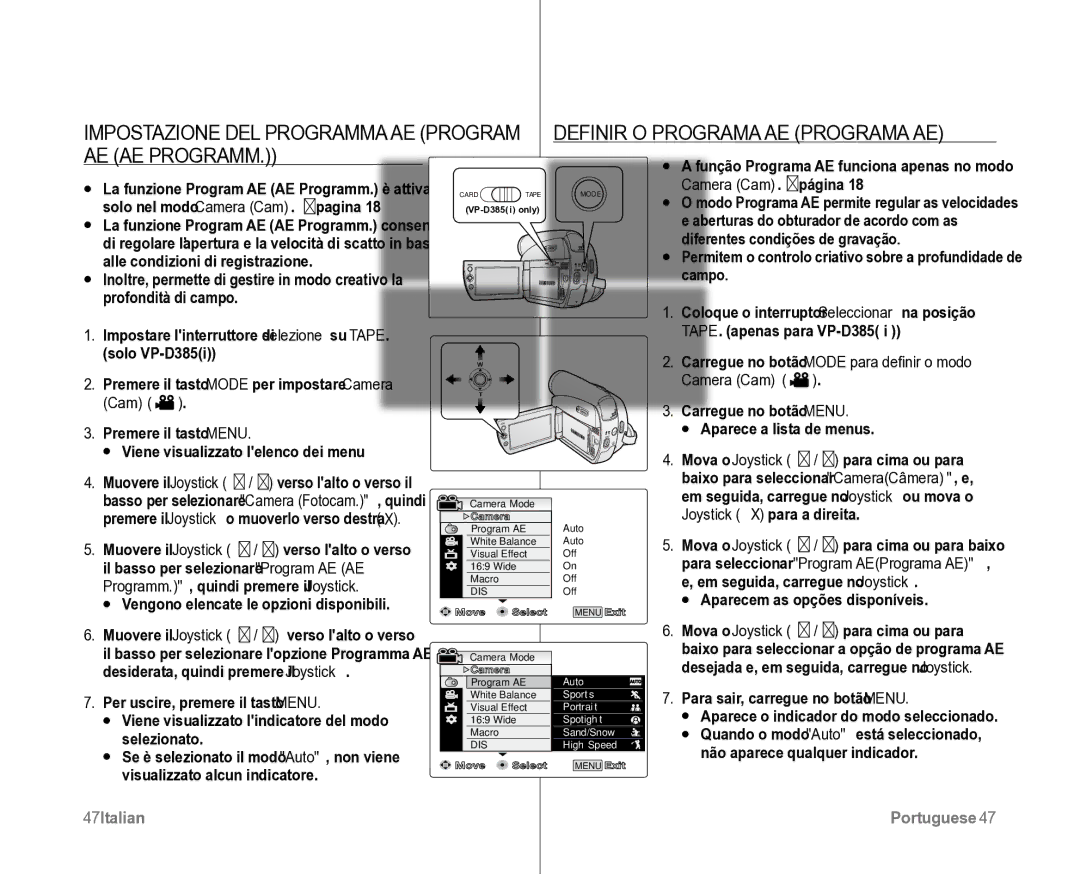 Samsung VP-D382H/XEF, VP-D381/XEF manual Camera Cam. página, TAPE. apenas para VP-D385, Carregue no botão Menu 