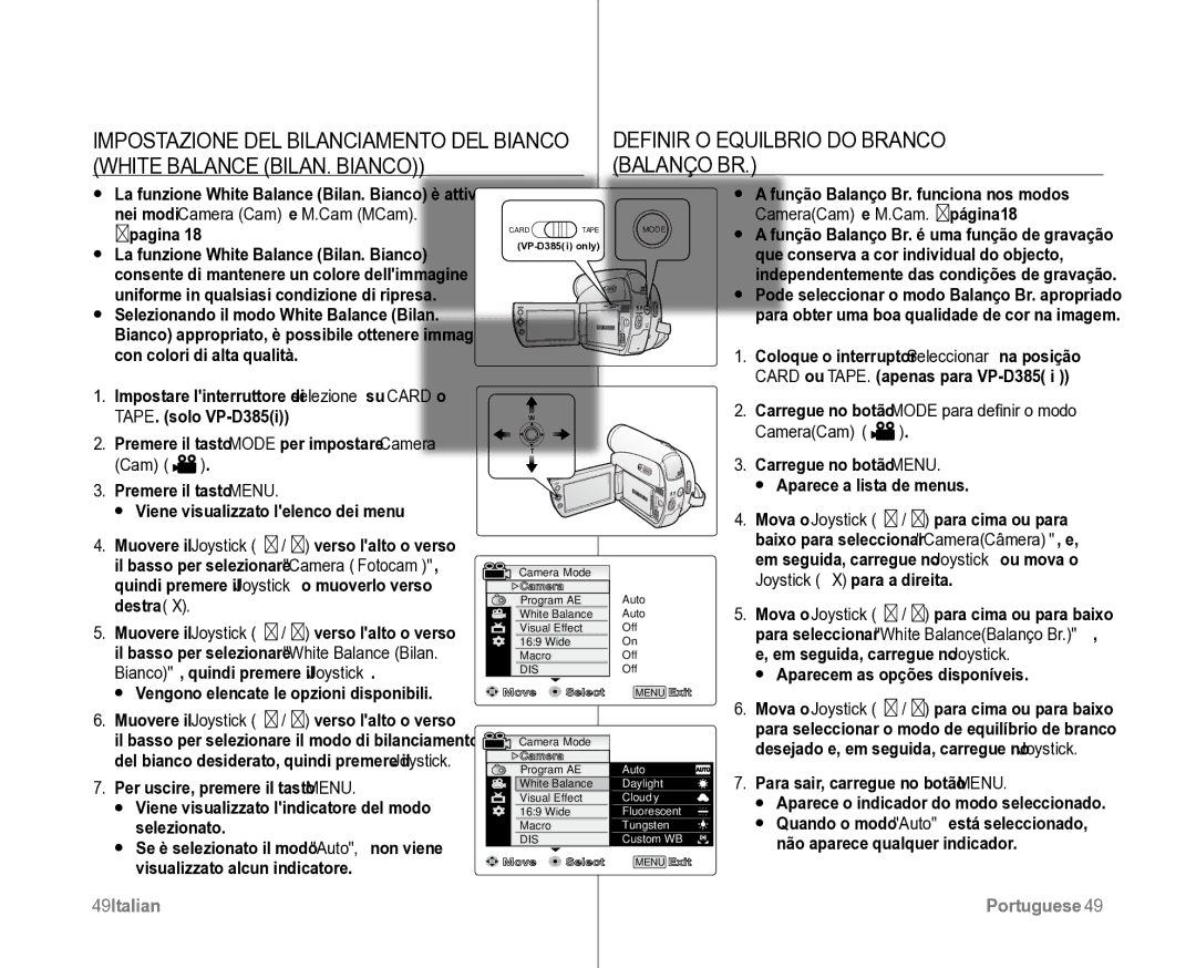 Samsung VP-D382H/XEF Definir O Equilíbrio do Branco, White Balance BILAN. Bianco Balanço BR, CameraCam e M.Cam. página18 