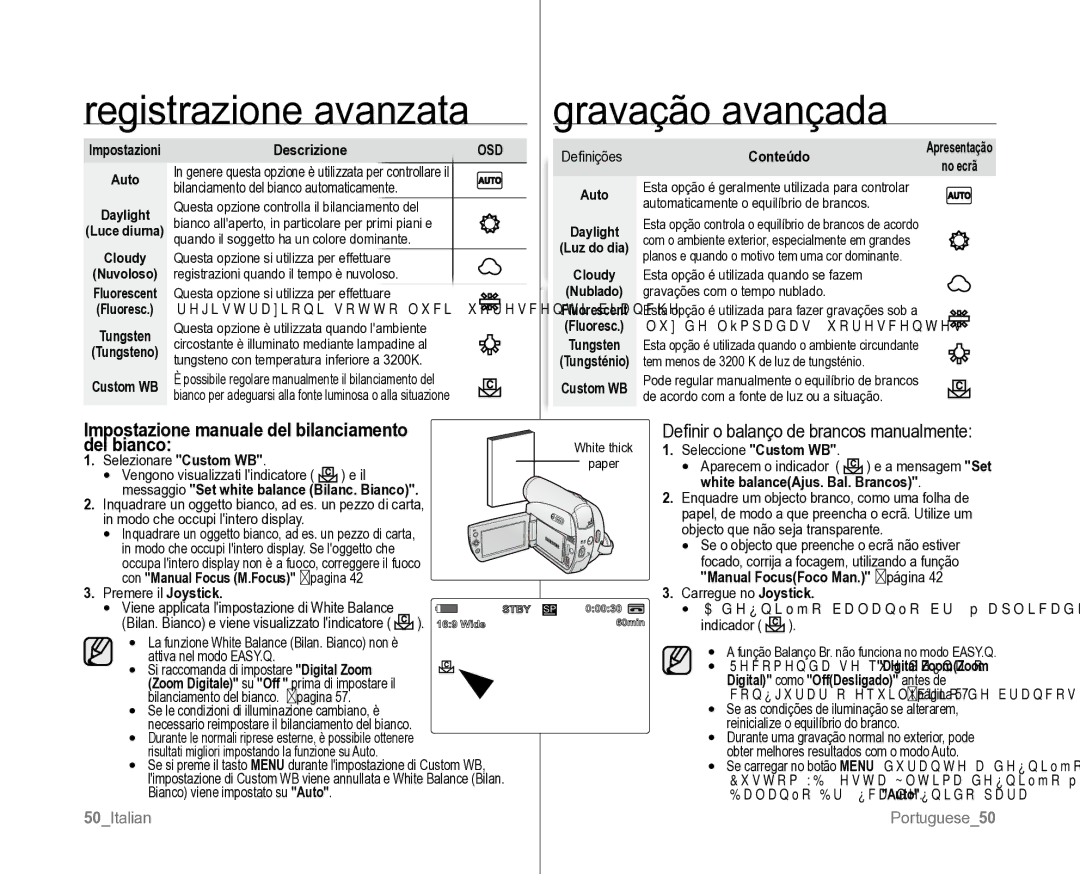 Samsung VP-D381/XEF, VP-D382H/XEF manual Registrazione avanzata Gravação avançada, Del bianco 