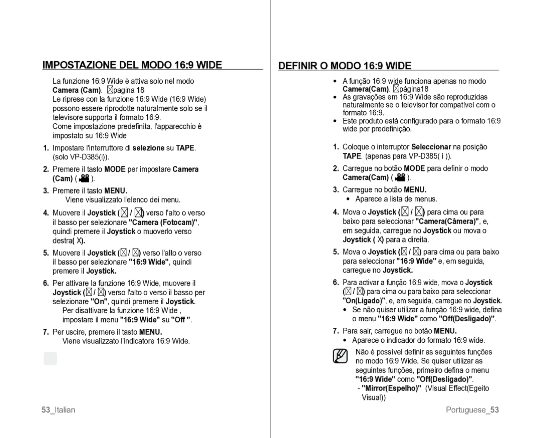 Samsung VP-D382H/XEF manual Impostazione DEL Modo 169 Wide Definir O Modo 169 Wide, Wide su Off Wide como OffDesligado 