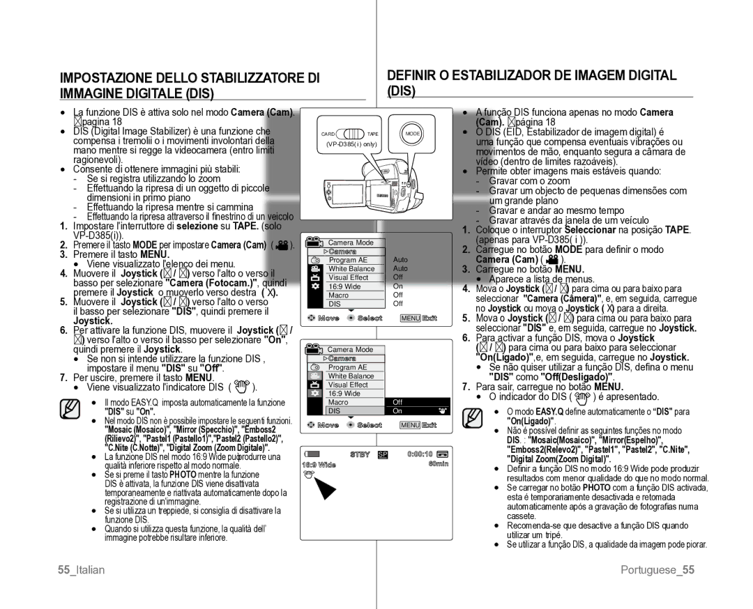 Samsung VP-D382H/XEF, VP-D381/XEF manual Impostazione Dello Stabilizzatore DI, Immagine Digitale DIS, DIS como OffDesligado 