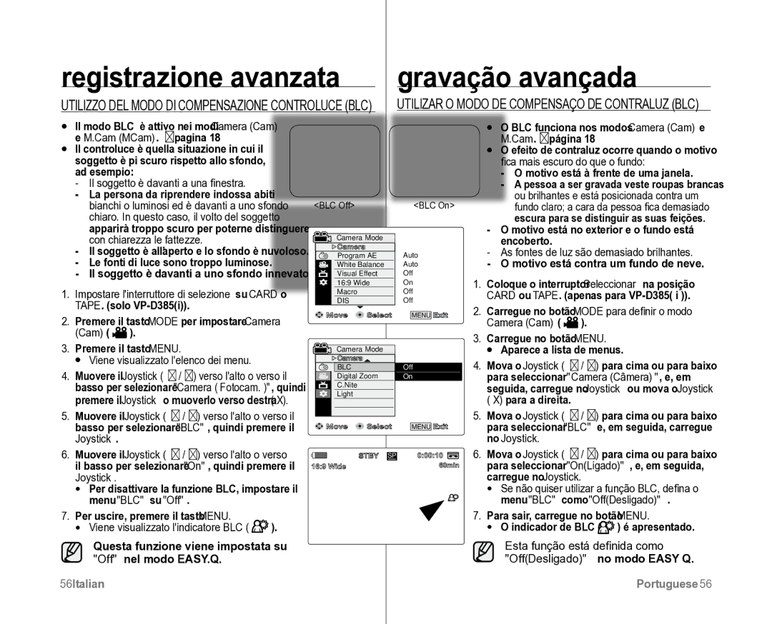 Samsung VP-D381/XEF, VP-D382H/XEF Camera Câmera , e, em, Joystick No Joystick, Menu BLC su Off Menu BLC como OffDesligado 