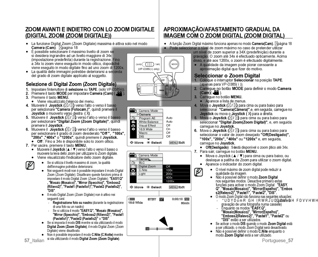 Samsung VP-D382H/XEF manual APROXIMAÇÃO/AFASTAMENTO Gradual DA, Digital Zoom Zoom Digitale, Seleccionar o Zoom Digital 