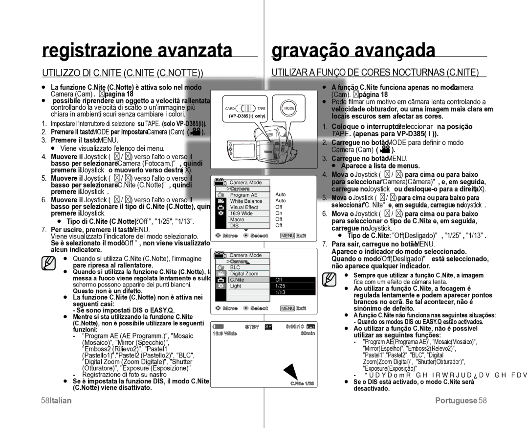 Samsung VP-D381/XEF, VP-D382H/XEF manual Mova o Joystick, OffDesligado, 1/25, 1/13, 58Italian 