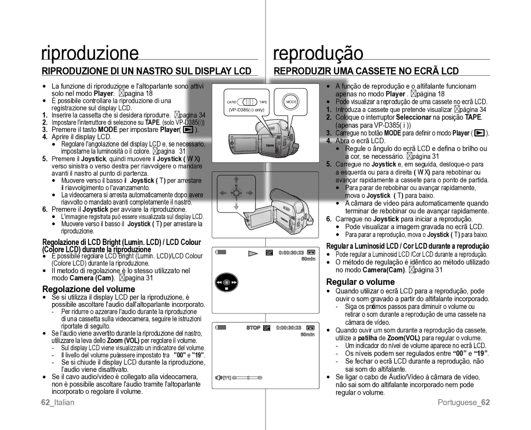 Samsung VP-D381/XEF Riproduzione Reprodução, Reproduzir UMA Cassete no Ecrã LCD, Riproduzione DI UN Nastro SUL Display LCD 