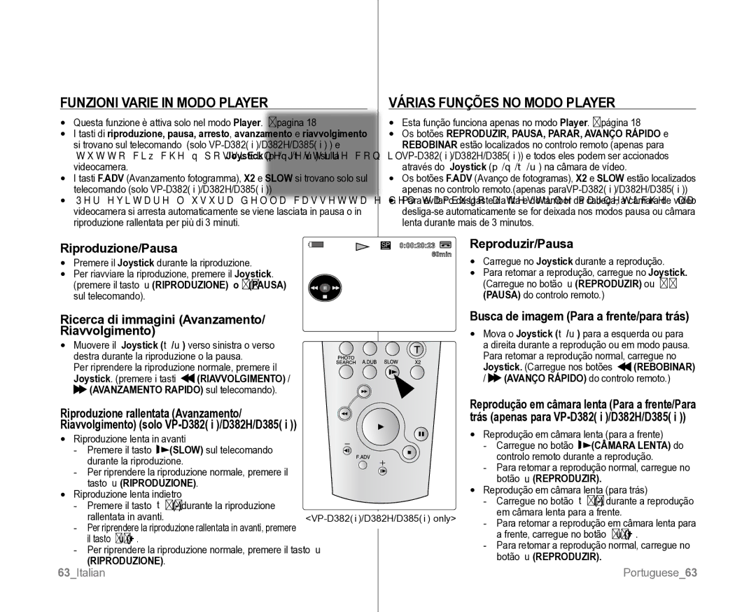 Samsung VP-D382H/XEF, VP-D381/XEF manual Funzioni Varie in Modo Player, Várias Funções no Modo Player 