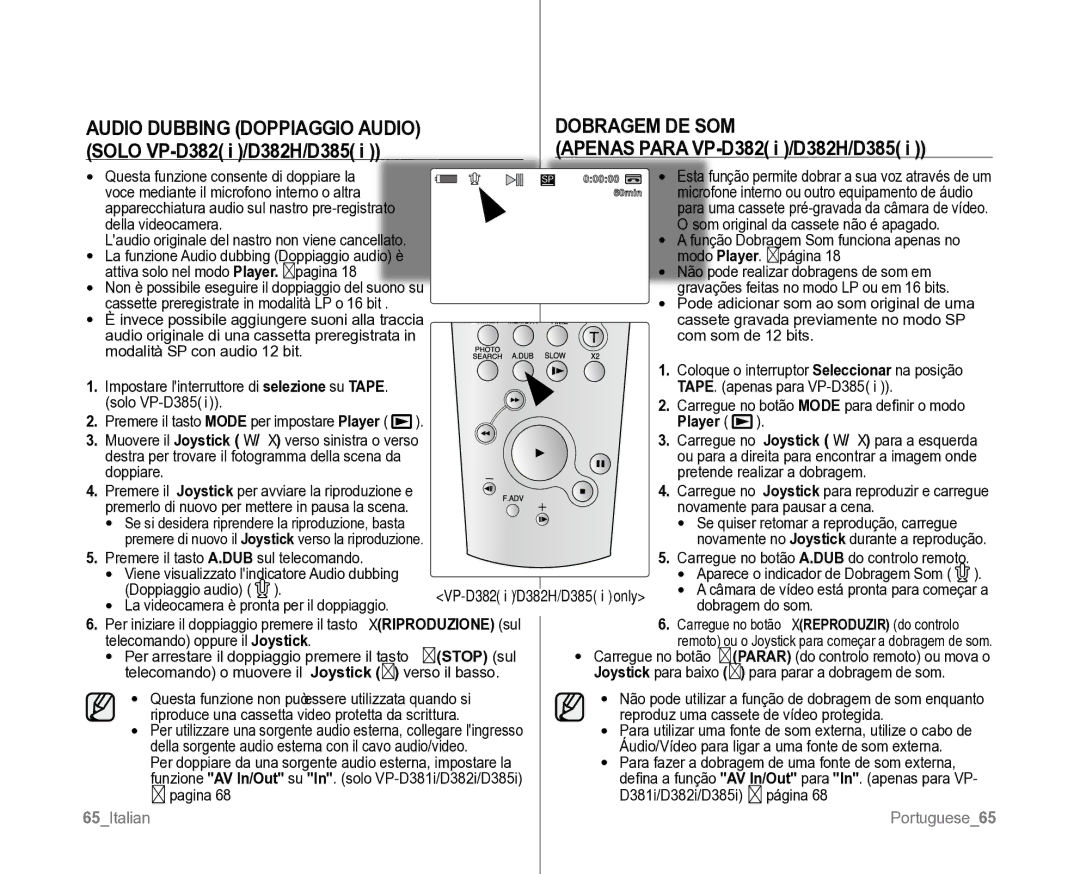 Samsung VP-D382H/XEF manual Audio Dubbing Doppiaggio Audio Dobragem DE SOM, Apenas Para VP-D382 i /D382H/D385, Stop sul 